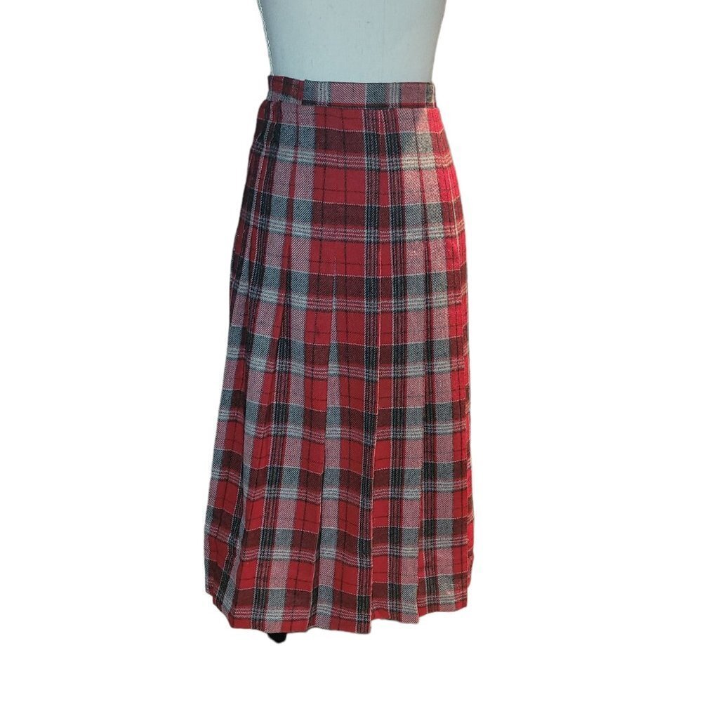Koret Skirt Vintage Academia Pleated Plaid Red Blue Gray Wool Tartan Size:14